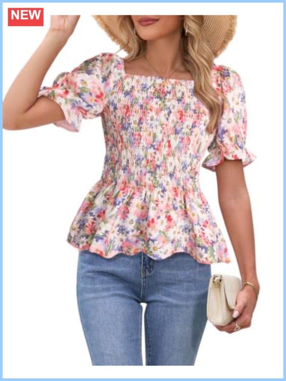 Womens Puff Short Sleeve Babydoll Top Smocked Peplum Blouse Square Neck Ruffle